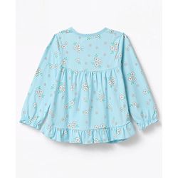 Babyhug 100% Cotton Knit Full Sleeves Top & Pyjama Night Suit Co-Ords Set With Floral Print - Light Blue