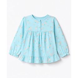 Babyhug 100% Cotton Knit Full Sleeves Top & Pyjama Night Suit Co-Ords Set With Floral Print - Light Blue