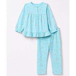 Babyhug 100% Cotton Knit Full Sleeves Top & Pyjama Night Suit Co-Ords Set With Floral Print - Light Blue