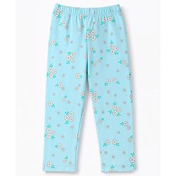 Babyhug 100% Cotton Knit Full Sleeves Top & Pyjama Night Suit Co-Ords Set With Floral Print - Light Blue