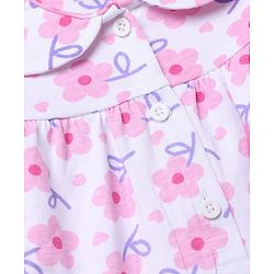 Babyhug 100% Cotton Knit Full Sleeves Co-Ords T-Shirt & Pyjama Night Suit with Floral Print - White & Pink