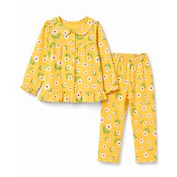 Babyhug 100% Cotton Knit Full Sleeves Co-Ords T-Shirt & Pyjama Night Suit with Floral Print - Yellow