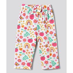 Babyhug 100% Cotton Knit Full Sleeves Co-Ords Top & Pyjama Night Suit with Rainbow Floral & Butterfly Print - Dark Pink