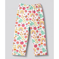 Babyhug 100% Cotton Knit Full Sleeves Co-Ords Top & Pyjama Night Suit with Rainbow Floral & Butterfly Print - Dark Pink