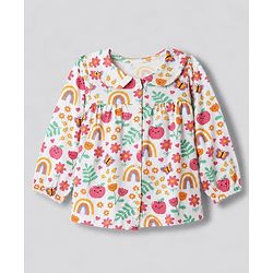 Babyhug 100% Cotton Knit Full Sleeves Co-Ords Top & Pyjama Night Suit with Rainbow Floral & Butterfly Print - Dark Pink