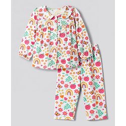 Babyhug 100% Cotton Knit Full Sleeves Co-Ords Top & Pyjama Night Suit with Rainbow Floral & Butterfly Print - Dark Pink