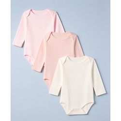 Babyhug 100% Cotton Interlock Knit Solid Onesies with Full Sleeves Pack of 3 - Peach, Pink & White