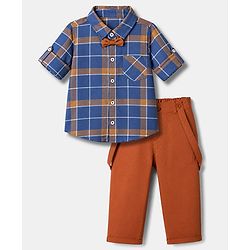 Babyhug 100% Cotton Woven Full Sleeves Checked Shirt and Pant Set - Brown