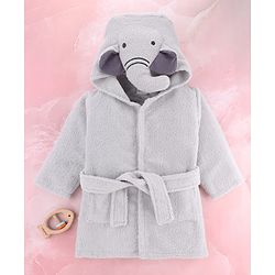 Babyhug Velour Microfiber Knit Full Sleeves Hooded Bath Robe With Elephant Embroidery & Ear Applique - Grey