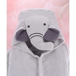 Babyhug Velour Microfiber Knit Full Sleeves Hooded Bath Robe With Elephant Embroidery & Ear Applique - Grey