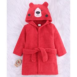Babyhug Velour Microfiber Knit Full Sleeves Hooded Bath Robe With Bear Embroidery & Ear Applique - Red