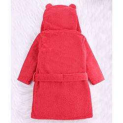 Babyhug Velour Microfiber Knit Full Sleeves Hooded Bath Robe With Bear Embroidery & Ear Applique - Red