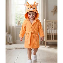 Babyhug Microfiber Knit Full Sleeves Hooded Bath Robe With Giraffe Embroidery & Ear Applique - Orange