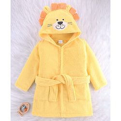 Babyhug Velour Microfiber Knit Full Sleeves Hooded Bath Robe With Tiger Embroidery & Ear Applique - Yellow