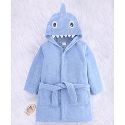 Babyhug Velour Microfiber Knit Full Sleeves Hooded Bath Robe With Shark Embroidery & Ear Applique - Light Blue