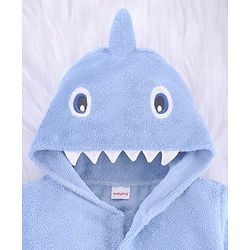 Babyhug Velour Microfiber Knit Full Sleeves Hooded Bath Robe With Shark Embroidery & Ear Applique - Light Blue