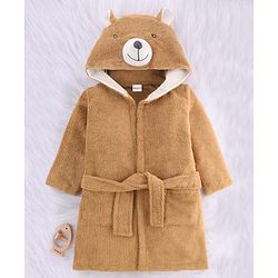 Babyhug Velour Microfiber Knit Full Sleeves Hooded Bath Robe With Bear Embroidery & Ear Applique - Brown