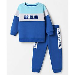 Babyhug 100% Cotton Terry Knit Full Sleeves T-Shirt & Joggers Set With Text Print - Blue