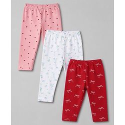Babyhug Cotton Terry Knit Full Length Leggings with Floral & Heart Print Pack of 3 - Pink Red & White