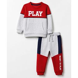 Babyhug 100% Cotton Knit Full Sleeves Text Embroidered & Printed T-Shirt & Jogger Set - Red & Grey