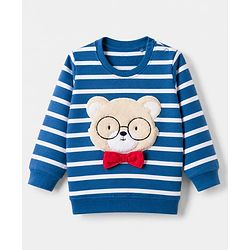Babyhug 100% Cotton Single Jersey Knit Full Sleeves Striped T-Shirt and Pant with Suspender and Bear Patch - Blue