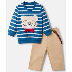 Babyhug 100% Cotton Single Jersey Knit Full Sleeves Striped T-Shirt and Pant with Suspender and Bear Patch - Blue