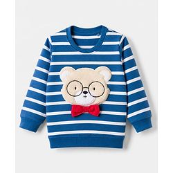 Babyhug 100% Cotton Single Jersey Knit Full Sleeves Striped T-Shirt and Pant with Suspender and Bear Patch - Blue