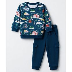 Babyhug 100% Cotton Knit Full Sleeves Christmas Theme Printed T-Shirt & Jogger Set - Dark Green