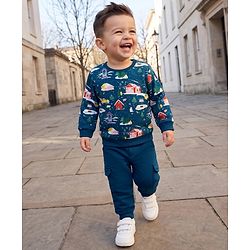 Babyhug 100% Cotton Knit Full Sleeves Christmas Theme Printed T-Shirt & Jogger Set - Dark Green