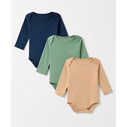 Babyhug 100% Cotton Interlock Knit Solid Onesies with Full Sleeves Pack of 3 - Sea Green, Tan & Navy Blue