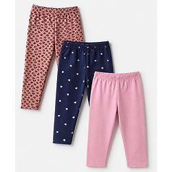 Babyhug Cotton Elastane Knit Full Length Leggings With Heart & Animal Print Pack of 3 - Pink & Black