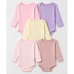 Babyhug 100% Cotton Interlock Knit Solid Onesies with Full Sleeves Pack of 5 - Pink, Lavender, Lemon, Baby Pink & Rose Gold