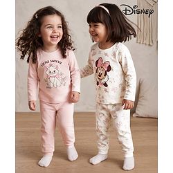 Babyhug Disney Single Jersey Knit Full Sleeves T-Shirt & Pyjama Night Suit with Minnie Mouse & Marie Print Pack of 2 - Pink  & White