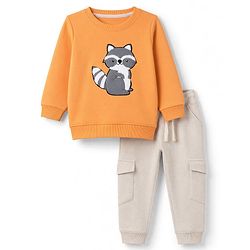 Babyhug 100% Cotton Knit Full Sleeves T-Shirt With Cat Embroidery & Joggers - Orange & Beige