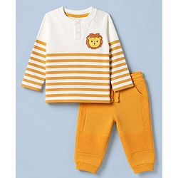 Babyhug 100% Cotton Terry Knit Full Sleeves T-Shirt & Joggers Set With Tiger Print - White & Light Orange
