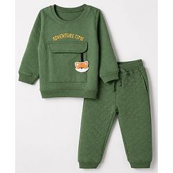 Babyhug 100% Cotton Terry Knit Full Sleeves T-Shirt & Joggers Set With Text Print & Fox Patch - Green