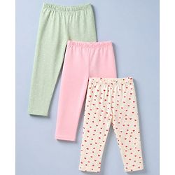 Babyhug Cotton Lycra Elastane Knit Slim Fit Full Length Solid Leggings with Hearts & Polka Dots Print Pack of 3 - Peach, Baby Pink & Light Green