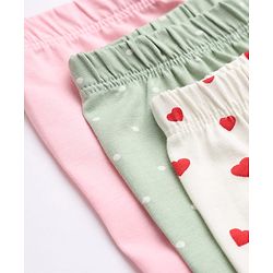 Babyhug Cotton Lycra Elastane Knit Slim Fit Full Length Solid Leggings with Hearts & Polka Dots Print Pack of 3 - Peach, Baby Pink & Light Green