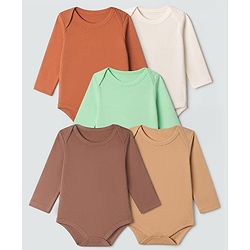 Babyhug 100% Cotton Interlock Knit Solid Onesies with Full Sleeves Pack of 5 - Rust Orange, Cream, Light Green, Brown & Light Brown