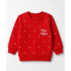 Babyhug HEAVY GAUGE 100% Cotton Terry Knit Full Sleeves Sweatshirt with Merry Holidays & Heart Print - Red
