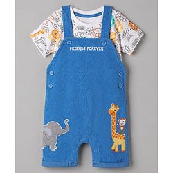Babyhug 100% Cotton Single Jersey Knit Half Sleeves Dungaree With Animal Printed Inner Tee - White