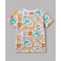 Babyhug 100% Cotton Single Jersey Knit Half Sleeves Dungaree With Animal Printed Inner Tee - White