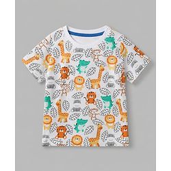 Babyhug 100% Cotton Single Jersey Knit Half Sleeves Dungaree With Animal Printed Inner Tee - White