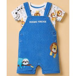 Babyhug 100% Cotton Single Jersey Knit Half Sleeves Dungaree With Inner Animal Printed Tee - White