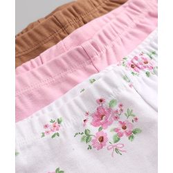 Babyhug Cotton Elastane Knit Solid Lycra Leggings With Floral Print Pack of 3 - Pink Brown White