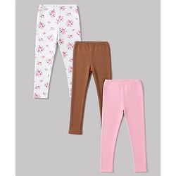 Babyhug Cotton Elastane Knit Solid Lycra Leggings With Floral Print Pack of 3 - Pink Brown White