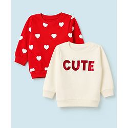 Babyhug Heavy Gauge 100% Cotton Terry Knit Full Sleeves Sweatshirts With Hearts and Cute Text Print Pack of 2 - Red & Beige