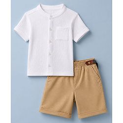 Babyhug 100% Cotton Woven Half Sleeves Shirt and Shorts Set with Suspender - White