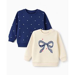 Babyhug 100% Cotton Terry Knit Full Sleeves Sweatshirts with Hearts and Bow Print Pack of 2 - Navy & White