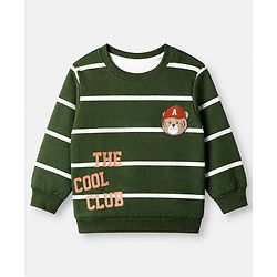Babyhug 100% Cotton Heavy Gauge Terry Knit Striped Sweatshirt with Full Sleeves & Bear Patch with The Cool Club Text Print - Olive Green